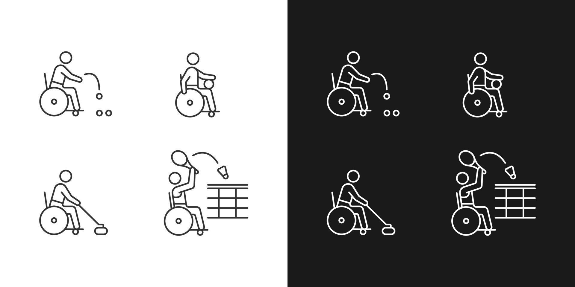 icônes linéaires de sport en fauteuil roulant définies pour le mode sombre et clair. compétitions sportives adaptées. sportif en situation de handicap. symboles de lignes fines personnalisables. illustrations vectorielles isolées. trait modifiable vecteur