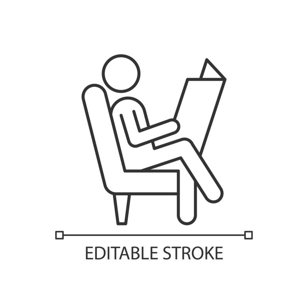 lire l'icône linéaire du journal. homme assis dans un fauteuil. personne lisant les dernières nouvelles en papier. illustration personnalisable en ligne mince. symbole de contour. dessin de contour isolé de vecteur. trait modifiable vecteur