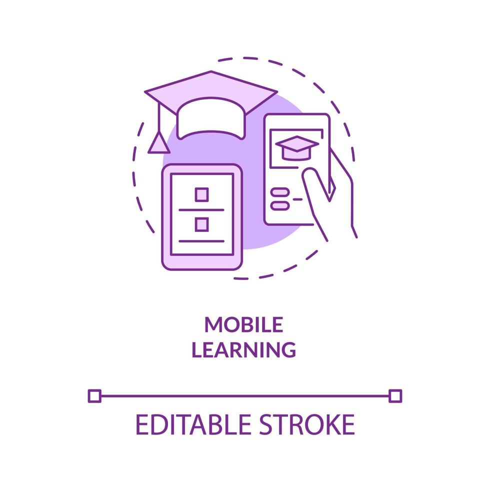 icône de concept violet d'apprentissage mobile. accès à distance. illustration de la ligne mince de l'idée abstraite de la formation électronique. dessin de contour isolé. trait modifiable. roboto-medium, myriade de polices pro-gras utilisées vecteur