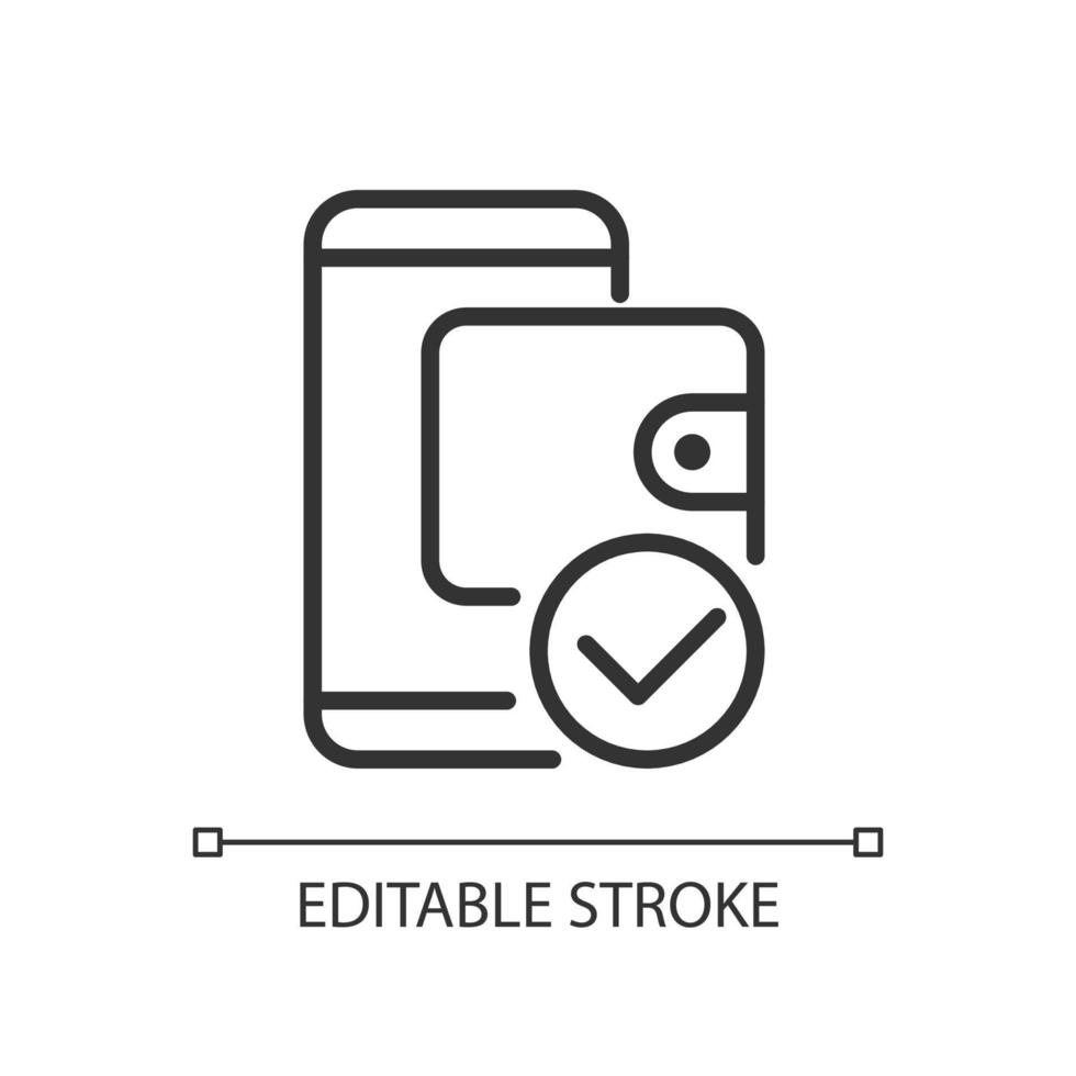 icône linéaire parfaite de pixel de paiement de portefeuille électronique. compte électronique. opération d'argent. les services bancaires mobiles. illustration de la ligne mince. symbole de contour. dessin de contour vectoriel. trait modifiable. police arial utilisée vecteur