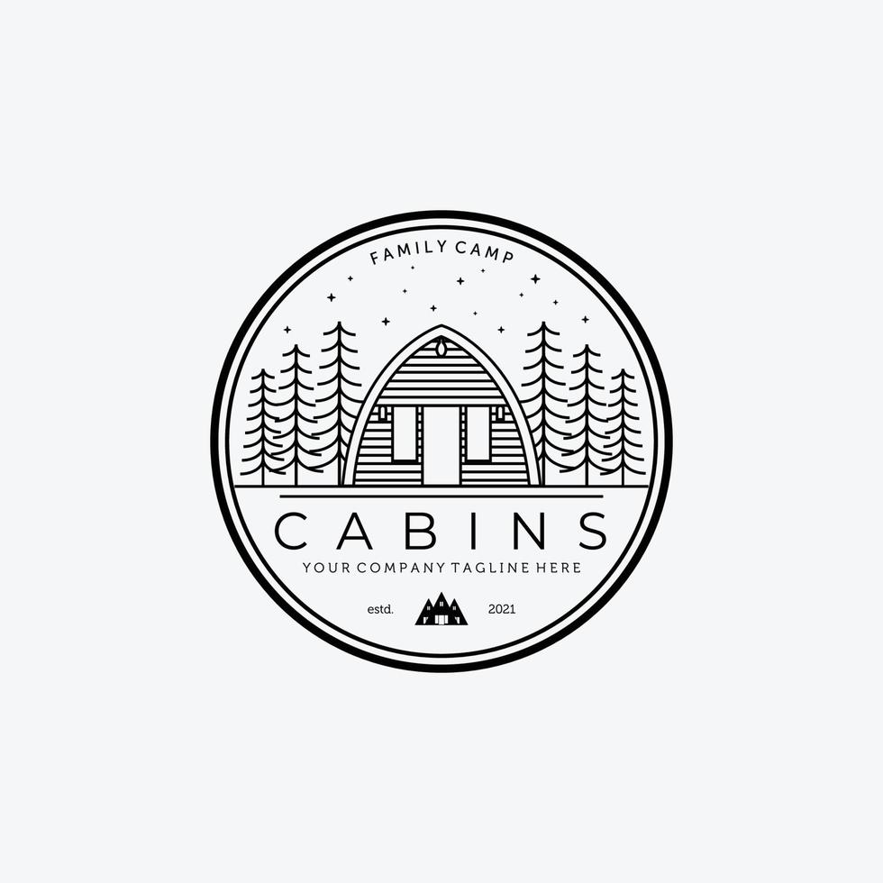 emblème de l'icône d'illustration vectorielle de conception d'art de ligne de logo de cabine, cabane en bois, forêt de cabine, chalet, cabane en bois vecteur
