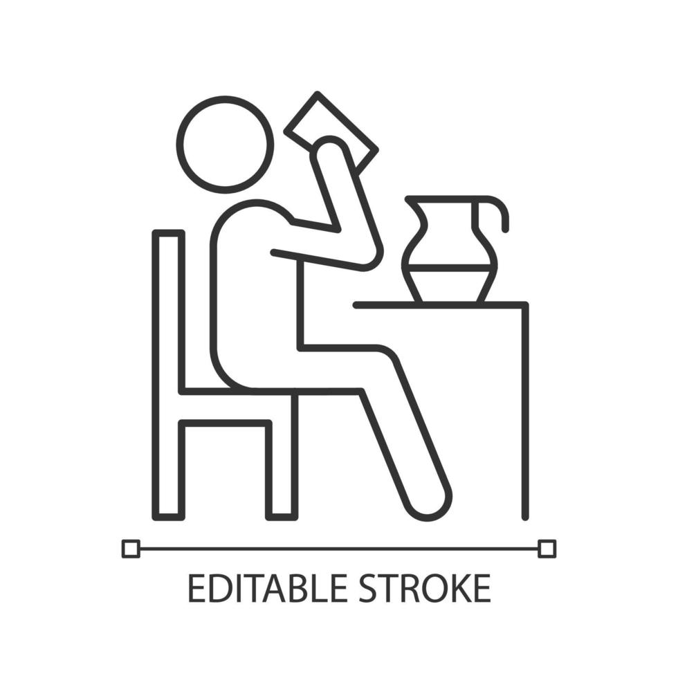 boire une icône linéaire. personne buvant du verre à table. nourriture, préparation de repas à la maison. illustration personnalisable en ligne mince. symbole de contour. dessin de contour isolé de vecteur. trait modifiable vecteur