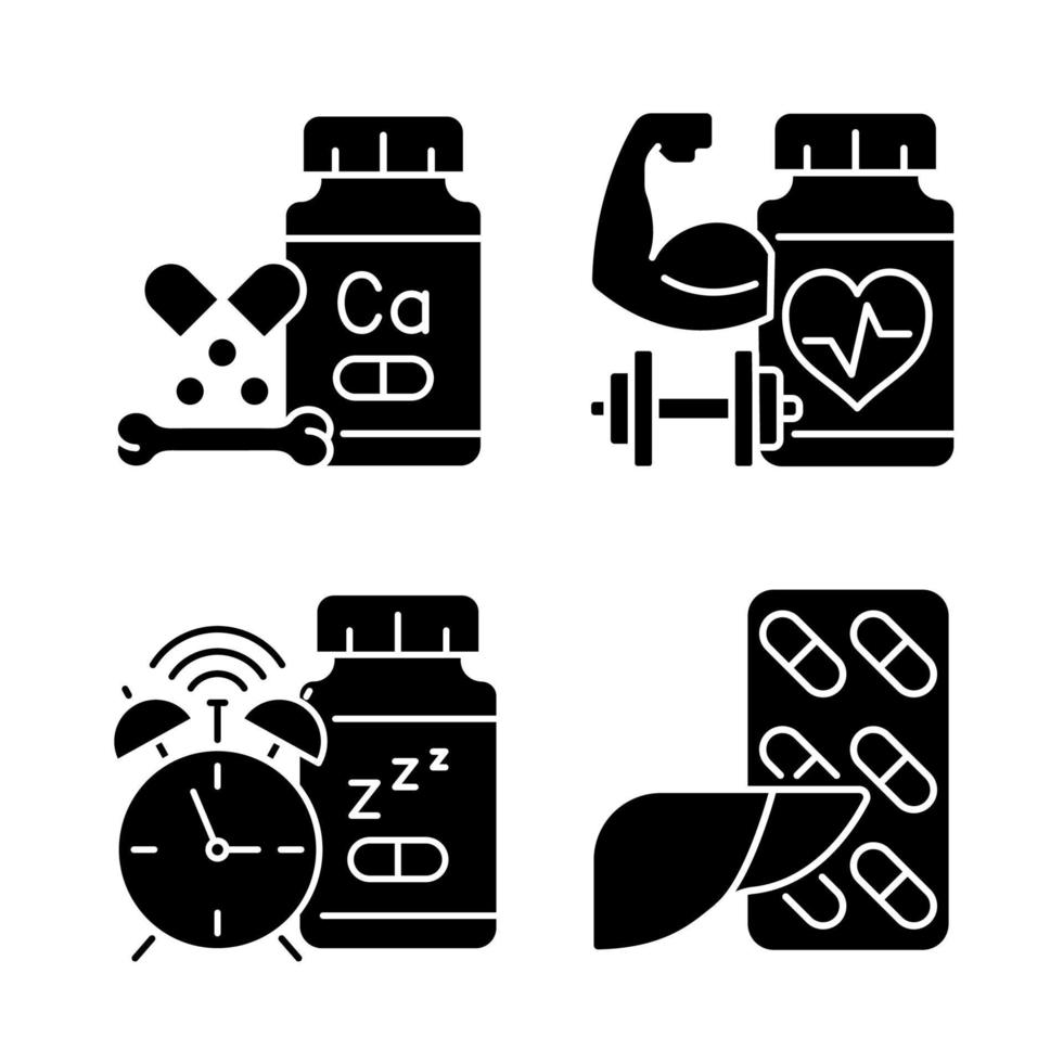 suppléments alimentaires icônes de glyphe noir définies sur l'espace blanc. pilules pour la santé du foie, du cœur. renforcer les os. traitement de l'insomnie. comprimés cardiovasculaires. symboles de silhouettes. illustration vectorielle isolée vecteur