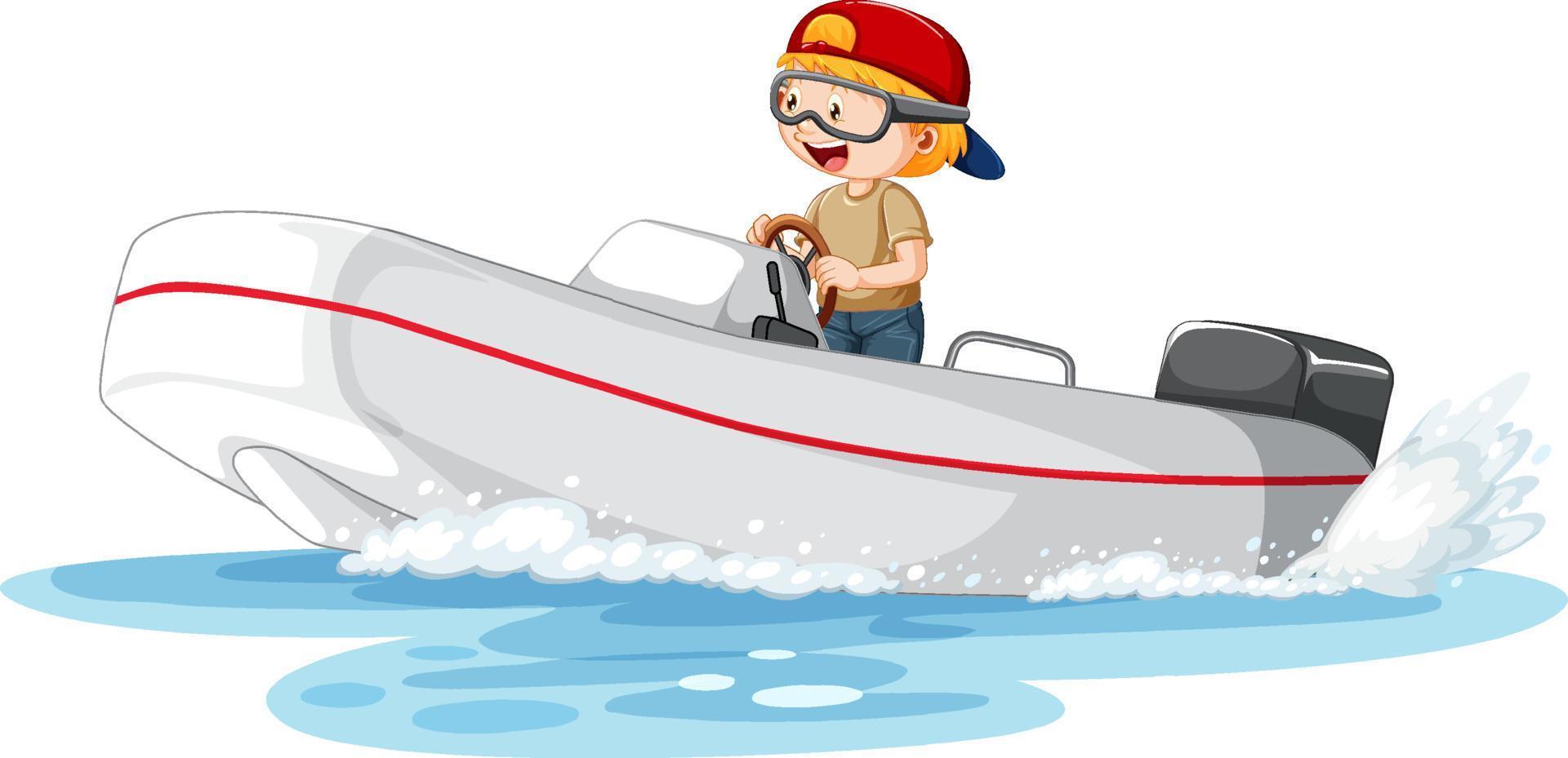 un garçon conduisant un bateau à moteur en style cartoon vecteur