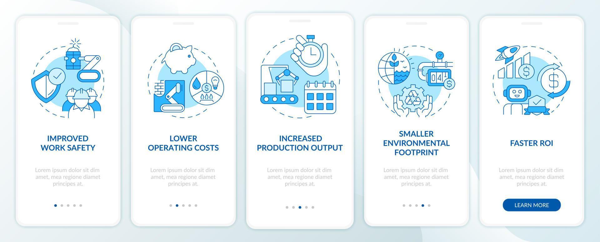 avantages de l'automatisation de l'écran de l'application mobile d'intégration bleue. pas à pas de production pages d'instructions graphiques en 5 étapes avec des concepts linéaires. ui, ux, modèle d'interface graphique. une myriade de polices pro-gras régulières utilisées vecteur