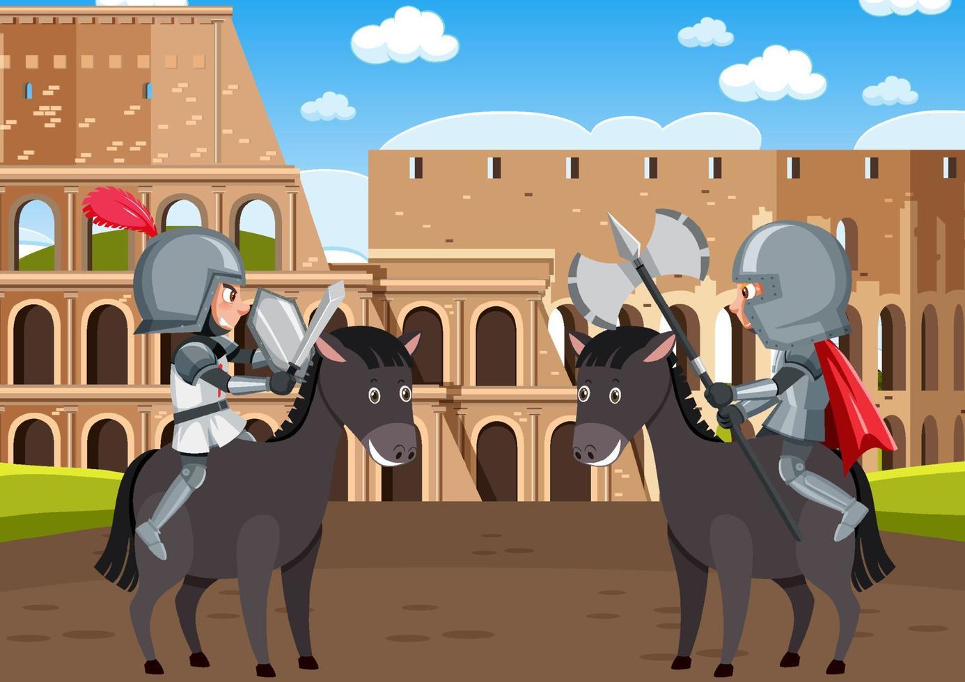 scène médiévale avec deux chevaliers en armure se bat vecteur