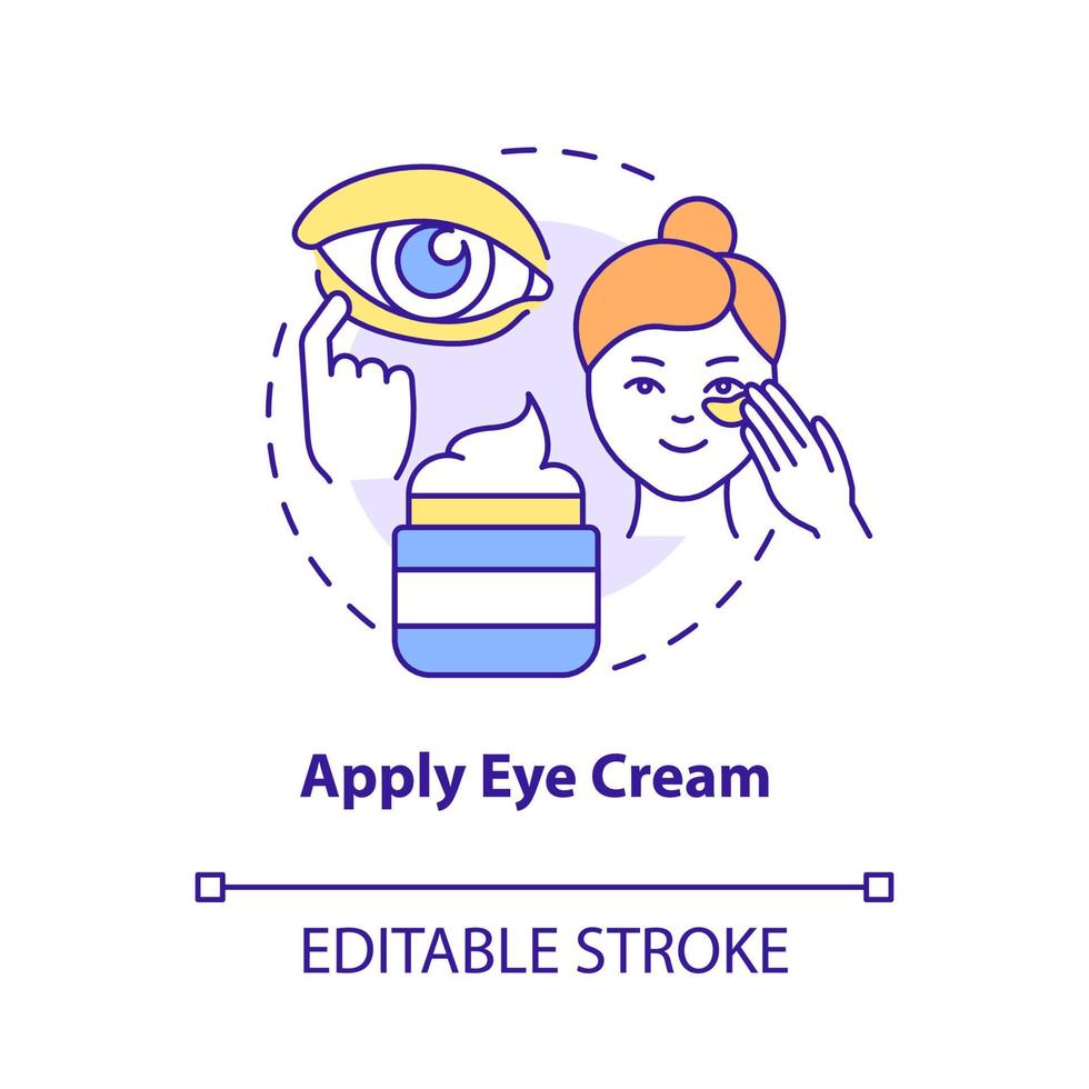 appliquer l'icône de concept de crème pour les yeux. sous le soin contour des yeux. routine de soins de la peau idée abstraite illustration de ligne mince. dessin de contour isolé. trait modifiable. roboto-medium, une myriade de polices pro-gras utilisées vecteur