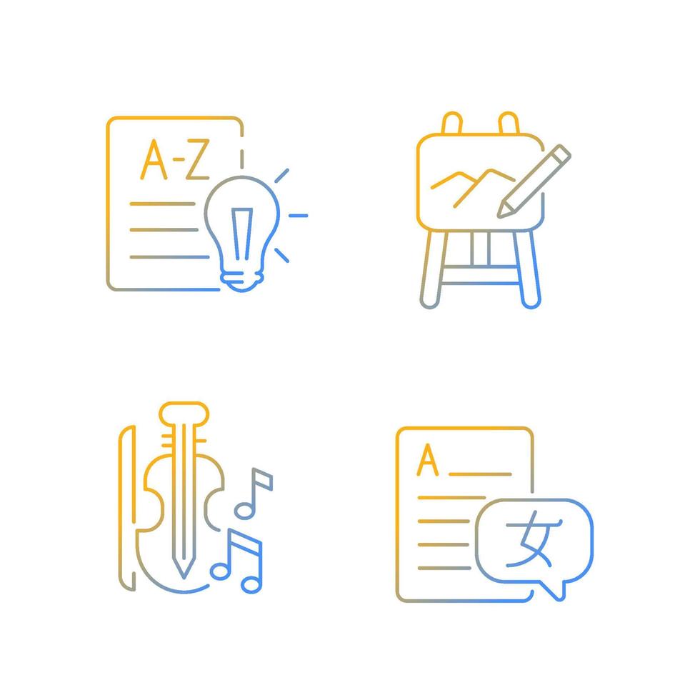 variété de sujets dans l'ensemble d'icônes vectorielles linéaires à gradient scolaire. Apprendre des langues étrangères. littératie financière. ensemble de symboles de contour de ligne mince. collection d'illustrations de contour isolé vecteur