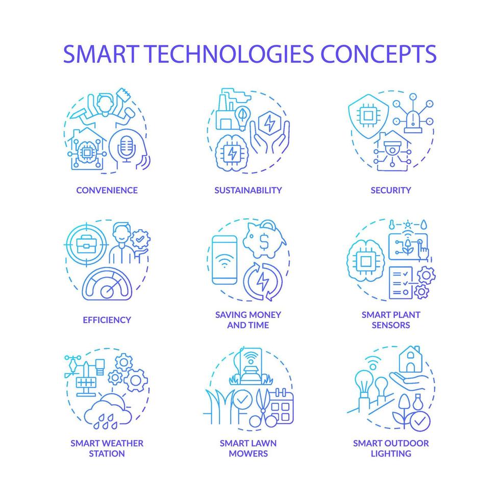 ensemble d'icônes de concept de gradient bleu de technologies intelligentes. idée de sécurité et d'efficacité illustrations en couleur de ligne mince. capteurs de plantes intelligents. symboles isolés. roboto-medium, une myriade de polices pro-gras utilisées vecteur