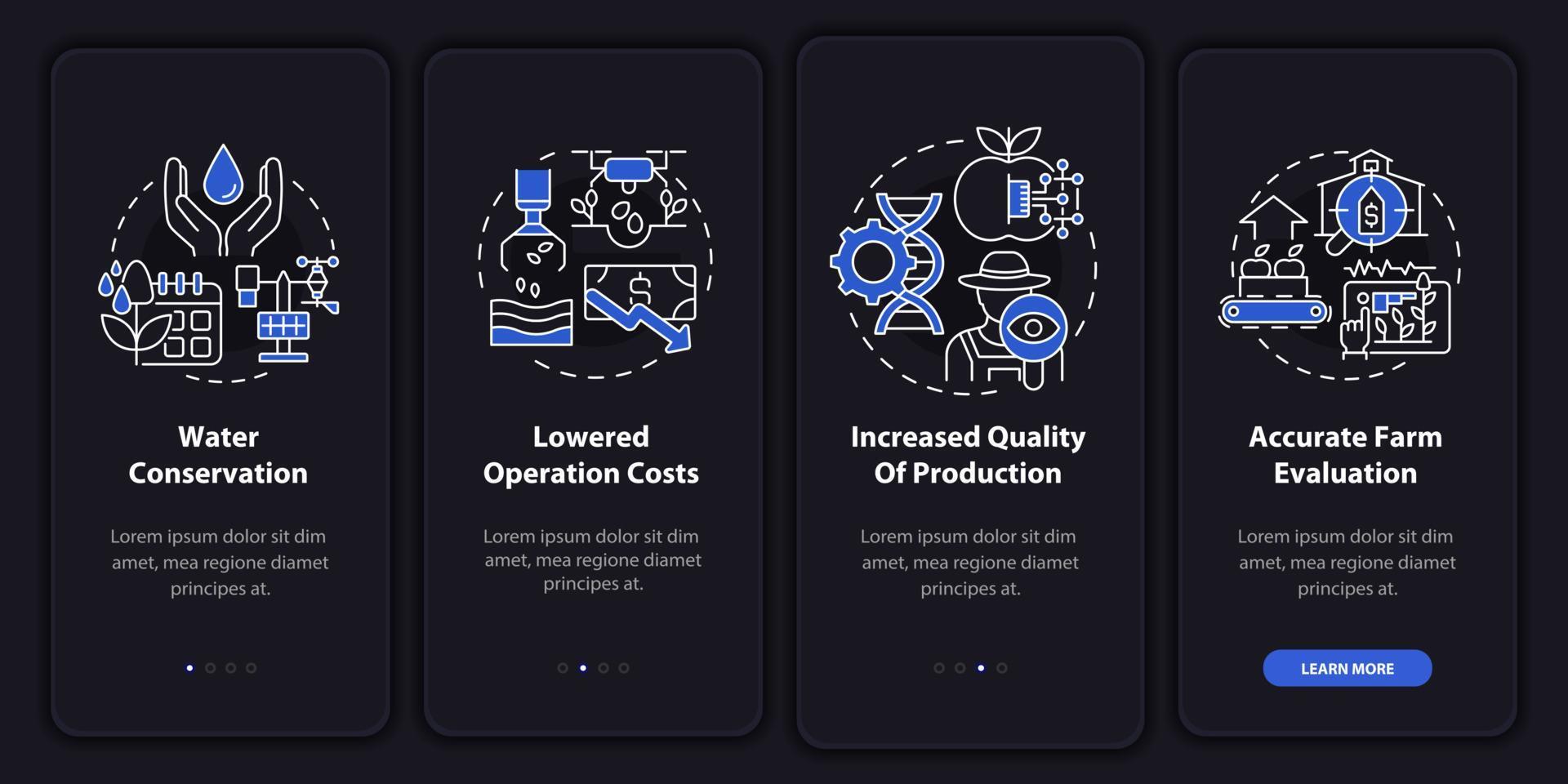 écran d'application mobile d'intégration en mode nuit des avantages de l'agriculture intelligente. pages d'instructions graphiques en 4 étapes avec des concepts linéaires. ui, ux, modèle d'interface graphique. une myriade de polices pro-gras régulières utilisées vecteur