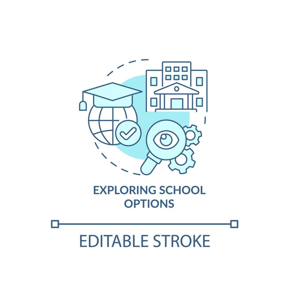 explorer l'icône de concept bleu des options scolaires. éléments à prendre en compte lors du déplacement d'une illustration de ligne mince d'idée abstraite. possibilités d'éducation pour les enfants. dessin de couleur de contour isolé de vecteur. trait modifiable vecteur