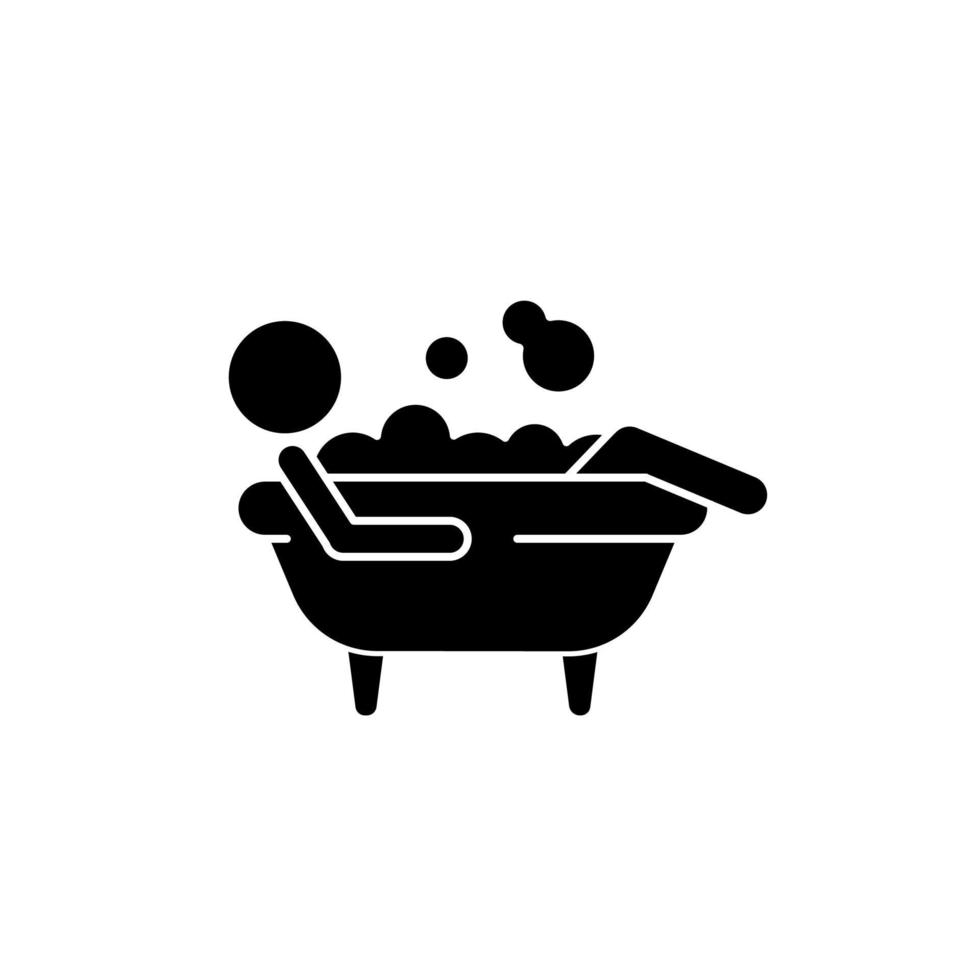 baigner l'icône de glyphe noir. homme allongé dans un bain moussant. activités d'hygiène personnelle. routine humaine quotidienne. maintenir la propreté du corps. symbole de la silhouette sur l'espace blanc. illustration vectorielle isolée vecteur