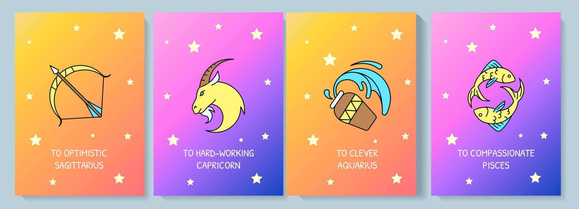 carte de voeux de thème astrologique avec jeu d'éléments d'icône de couleur. horoscope. conception de vecteur de carte postale. dépliant décoratif avec illustration créative. notecard avec message de félicitations sur gradient