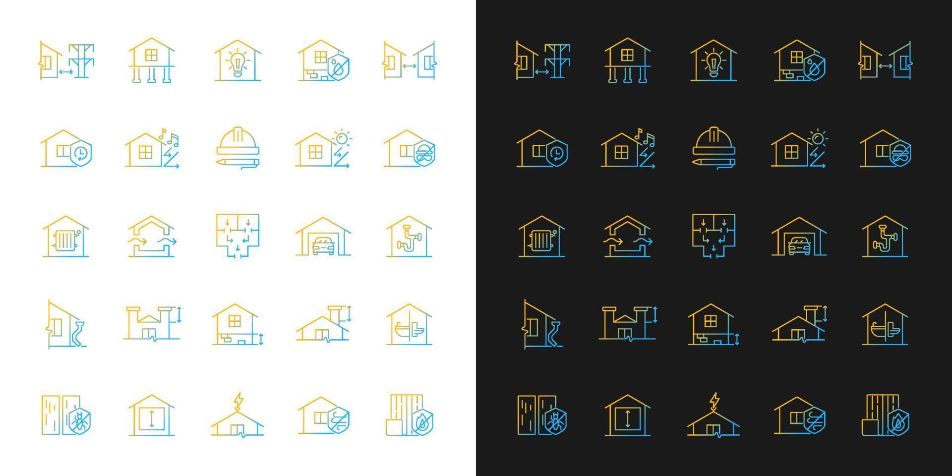 les icônes de gradient des exigences de sécurité du bâtiment sont définies pour les modes sombre et clair. maison de rénovation. ensemble de symboles de contour de ligne mince. collection d'illustrations vectorielles isolées en noir et blanc vecteur