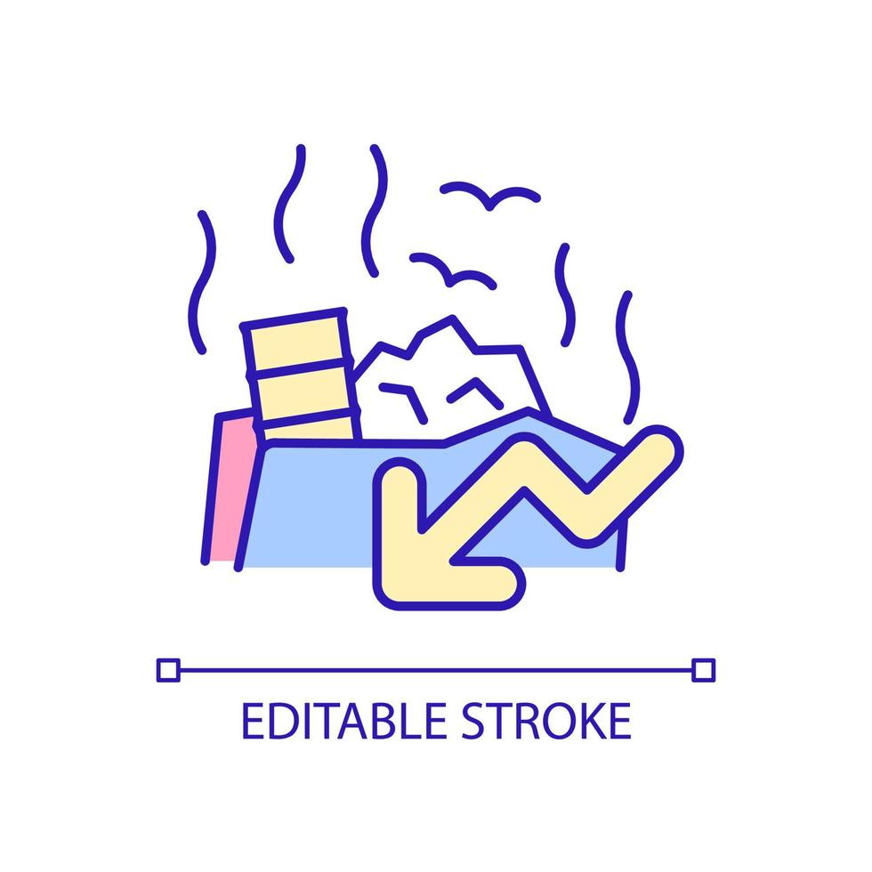 icône de couleur rvb d'élimination des déchets. ramassage et gestion des ordures. odeur d'enfouissement et de dépotoir. illustration vectorielle isolée. dessin au trait rempli simple. trait modifiable. police arial utilisée vecteur