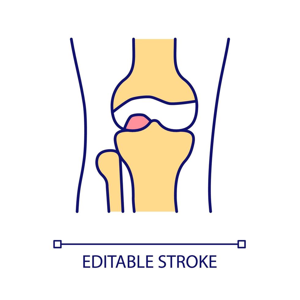 icône de couleur rvb de l'articulation du genou. partie du corps. anatomie humaine. troubles des articulations et des os. arthrite. traumatisme et blessure au genou. illustration vectorielle isolée. dessin au trait rempli simple. trait modifiable vecteur