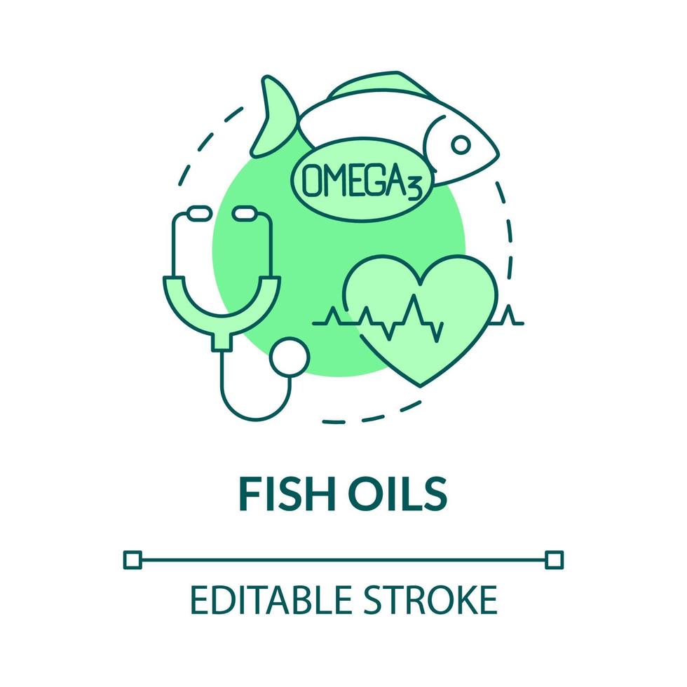 icône de concept vert d'huiles de poisson. acides gras et vitamines pour les entraînements sportifs idée abstraite illustration ligne mince. dessin de contour isolé. trait modifiable. roboto-medium, une myriade de polices pro-gras utilisées vecteur