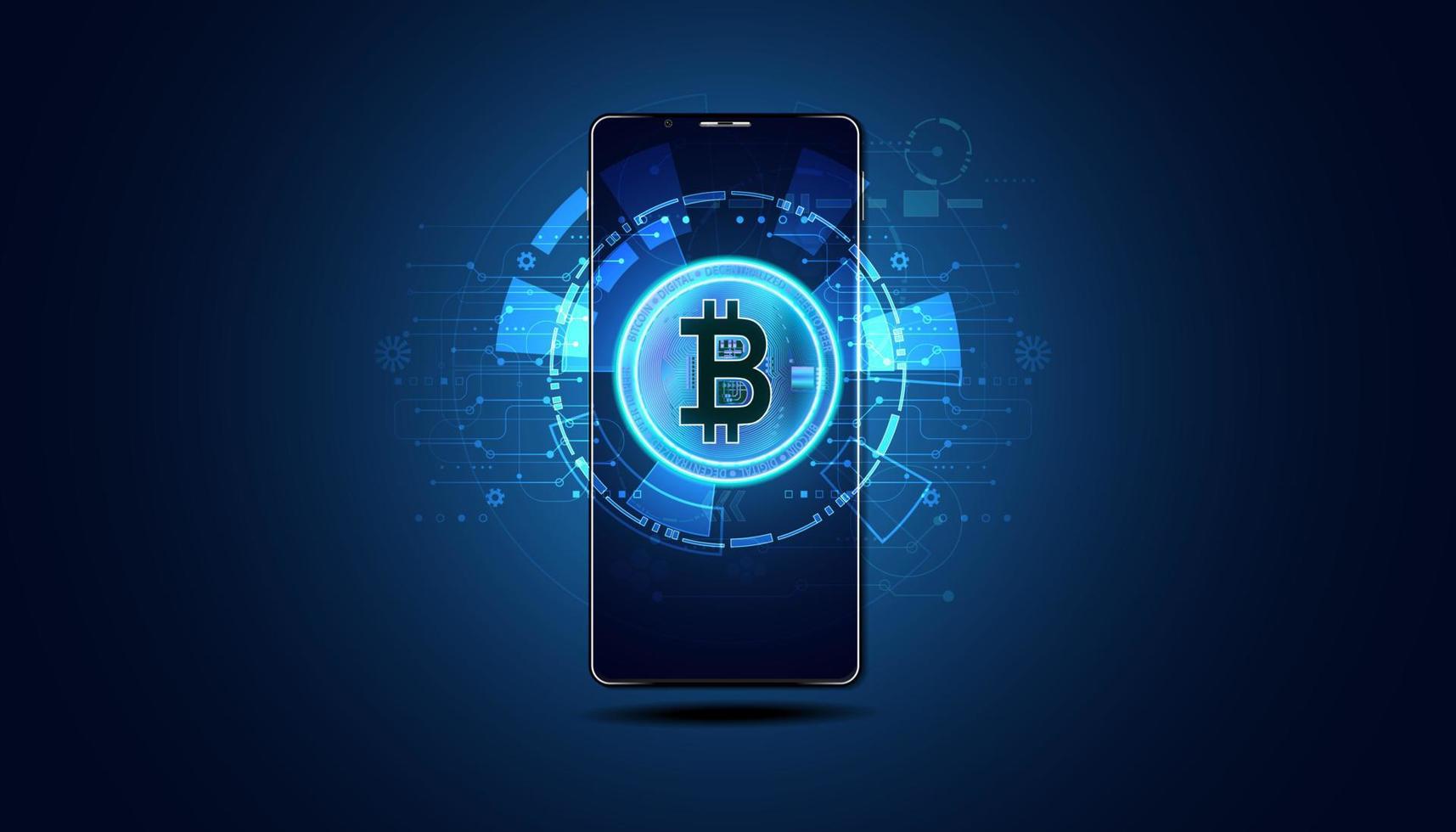 résumé un téléphone avec des bitcoins dans le téléphone est le concept d'accès à l'utilisation de la technologie financière bitcoin vecteur