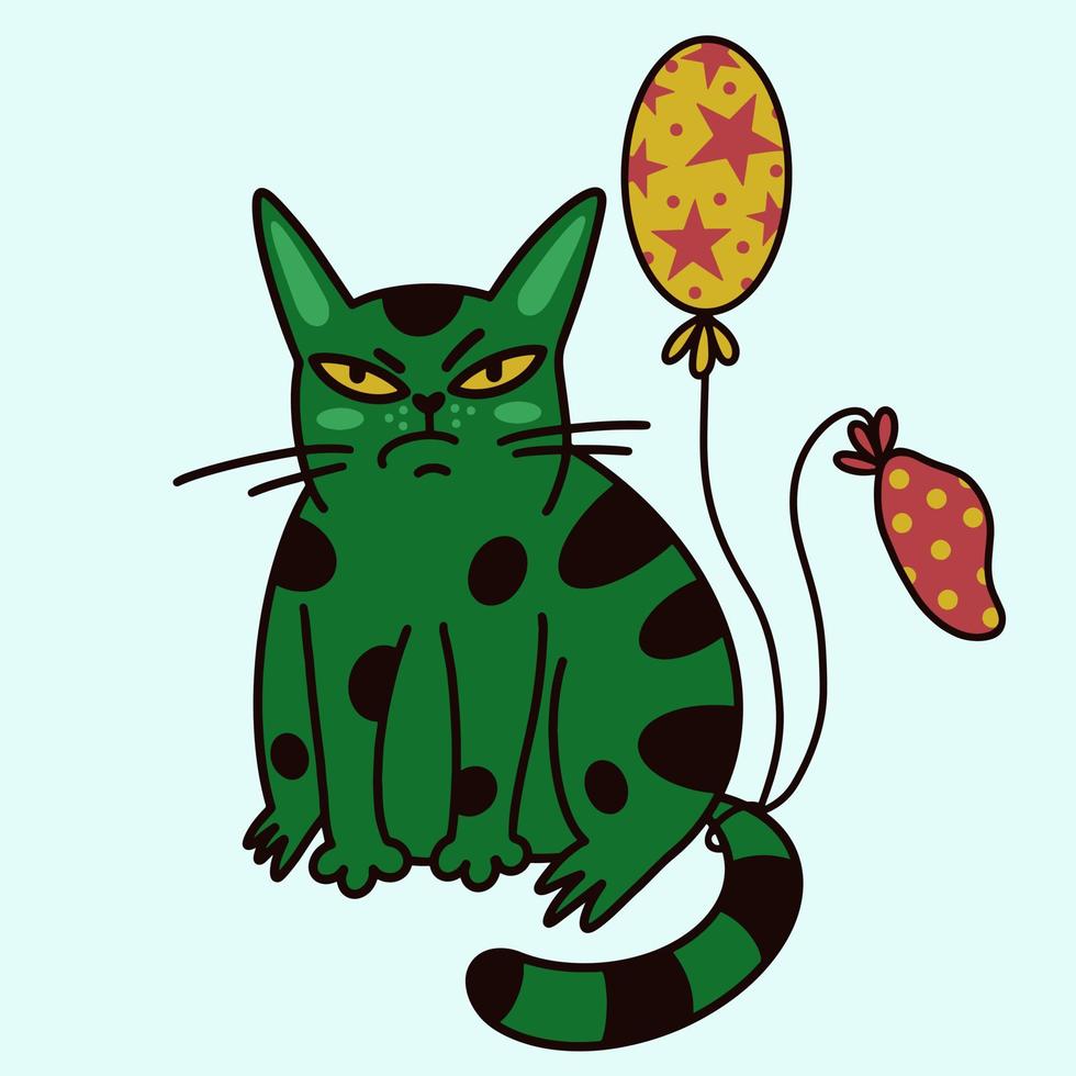 icône de vecteur de chat de dessin animé mignon. chaton vert avec des ballons. chat grincheux fête son anniversaire. animal triste à la fête. l'animal est mécontent des vacances. pop art, style plat. impression isolée