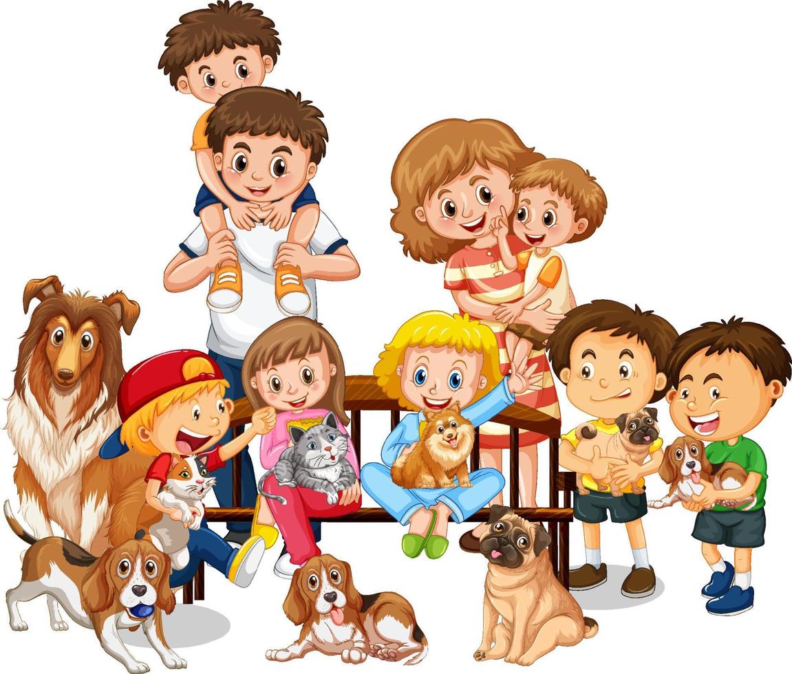 membres de la famille avec de nombreux chiens en style cartoon vecteur