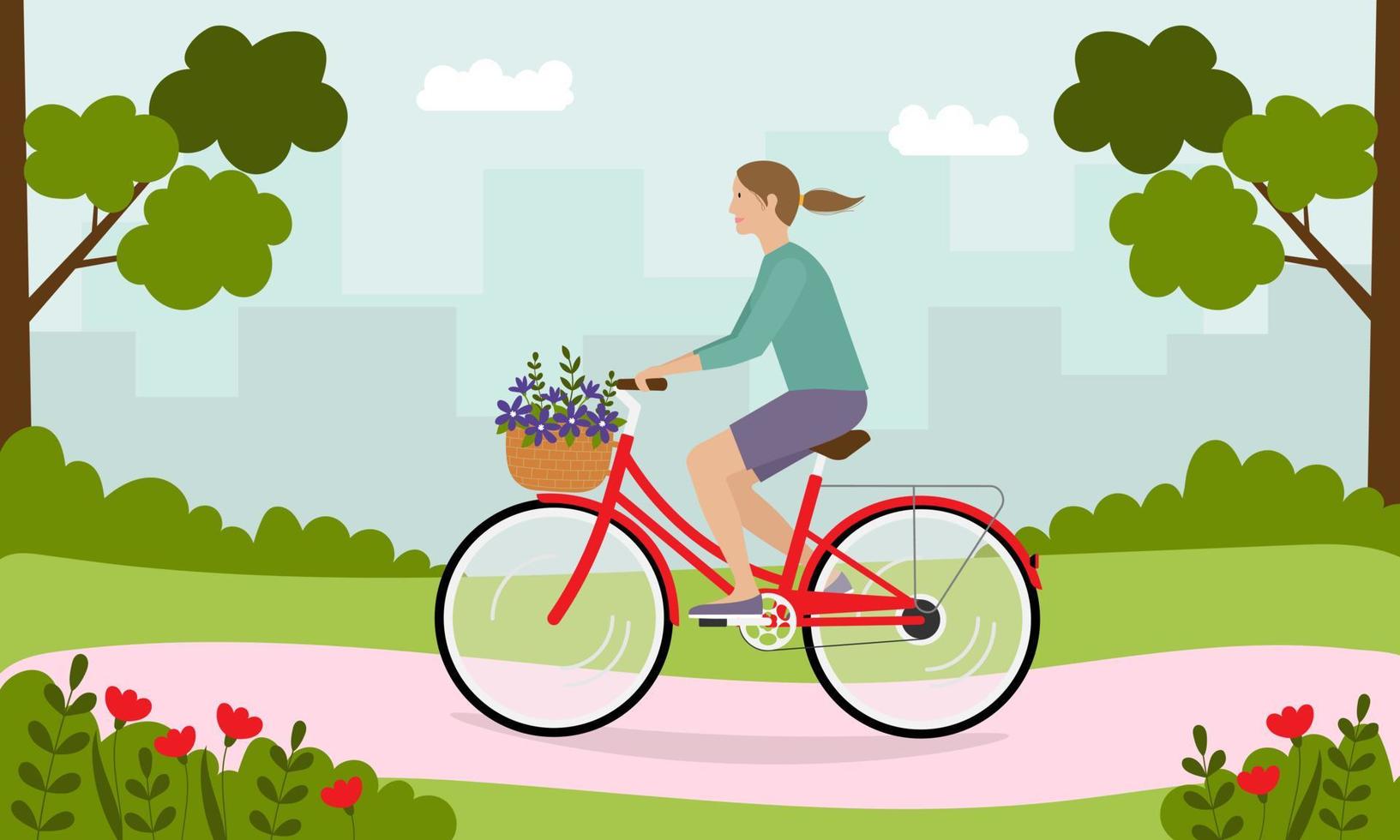 femme à vélo dans le parc. le concept d'un mode de vie actif, activités de plein air vecteur