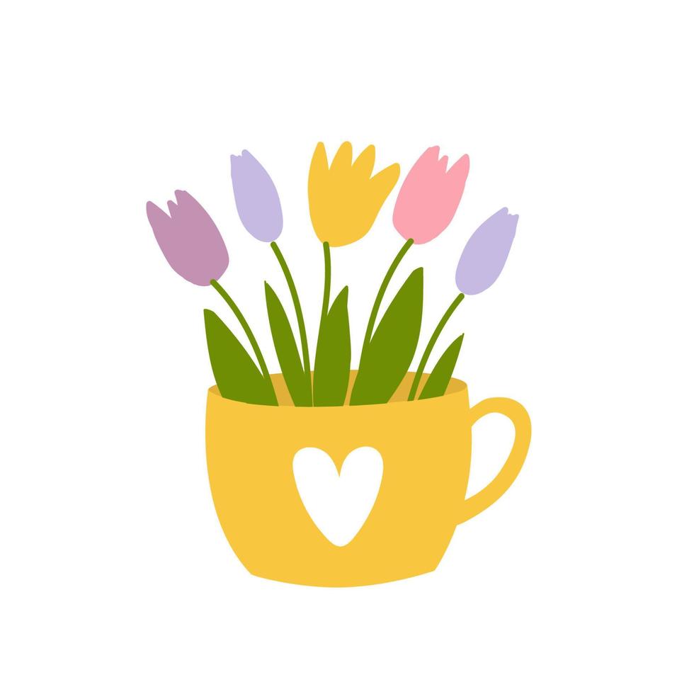 bouquet de tulipes dessinés à la main dans une tasse jaune. fleurs printanières aux couleurs pastel. modèle de carte de voeux, invitation, bannière, impression, carte postale vecteur