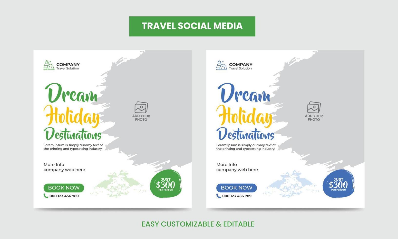 modèle de publication de bannière de médias sociaux carrés de voyage et de vacances avec coup de pinceau. bannière d'annonces d'agence de voyage. médias sociaux de voyage modernes vecteur