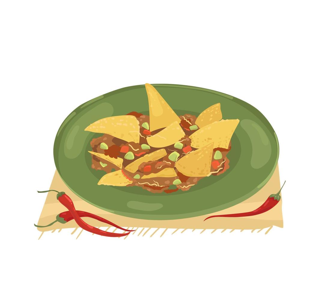 Nachos. illustration vectorielle de la cuisine mexicaine traditionnelle. chips de maïs avec guacamole et viande. collations mexicaines. vecteur