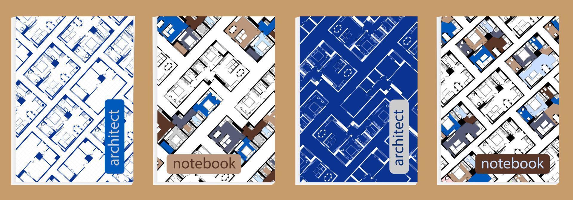 cahier d'architecte. modèle de couverture pour le journal de planification. plan d'étage de l'appartement. définir des pages avec la maison de plan technique. vecteur. vecteur