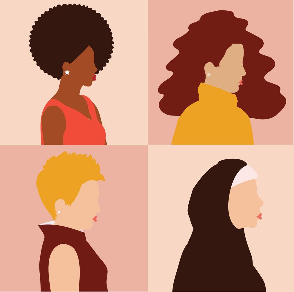 femme internationale, bannière de la fête des mères de différentes ethnies, cultures. femmes entrepreneures fortes issues de milieux multiculturels. fête de l'autonomisation des femmes, concept d'égalité des sexes, solidarité. vecteur