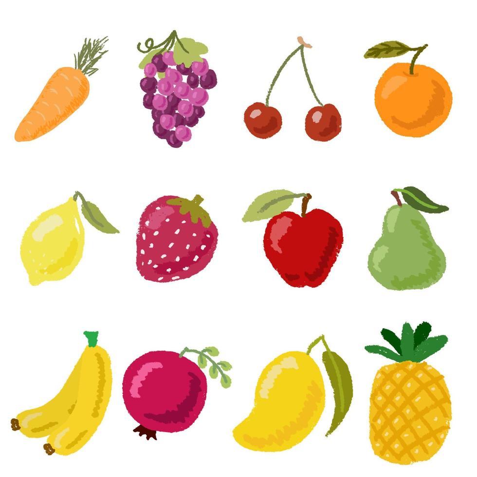 fruits et légumes colorés dans une collection de styles de dessin à la main à plat illustration de vecteurs eps10 vecteur