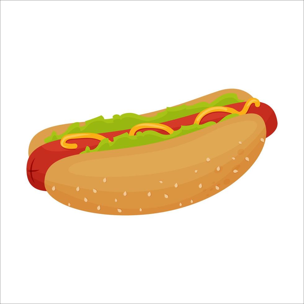 délicieux hot-dog coloré avec saucisse, moutarde, laitue et sésames sur petits pains isolés sur fond blanc. . illustration vectorielle vecteur