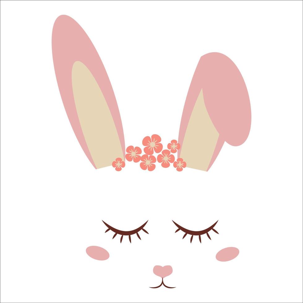 visage de lapin mignon et doux avec des oreilles, décoration en style cartoon isolé sur fond blanc. impression de mode, lapin de caractère adorable. salutations de Pâques. illustration vectorielle vecteur