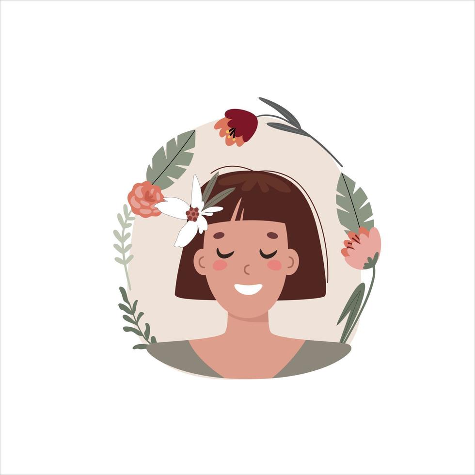 portrait d'une jeune femme sur le fond des plantes, illustration vectorielle plate. vecteur