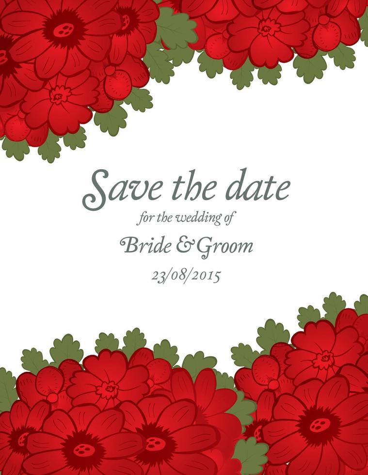 enregistrer le modèle de carte d'invitation de mariage de date avec des fleurs rouges. vecteur