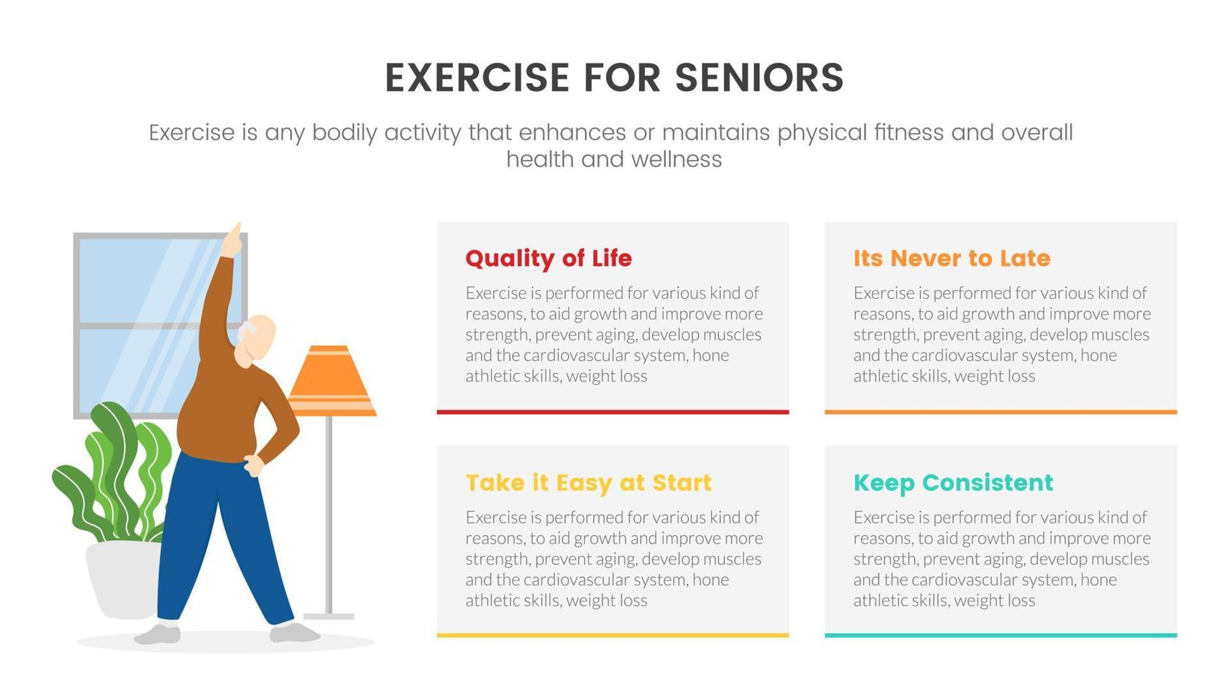 exercice pour les personnes âgées ou les personnes âgées à la maison concept infographique pour la présentation de diapositives avec liste en 4 points vecteur