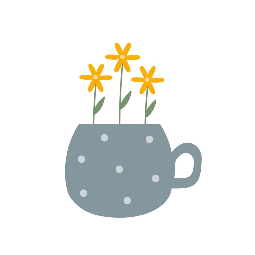 fleurs jaunes dessinées à la main dans une tasse. jolie illustration botanique plate simple et élégante. vert printanier. illustration pour cartes florales, magasins, décor de pâques. décor à la maison dans un style scandinave simple. vecteur