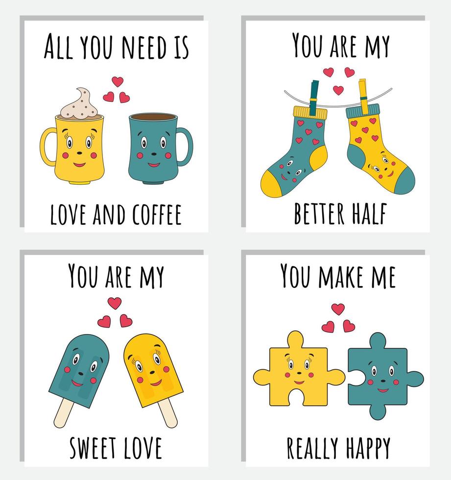 ensemble de cartes romantiques drôles prêtes à l'emploi avec des phrases sur l'amour. illustration vectorielle pour l'impression sur des t-shirts, des tasses, des affiches. je t'aime modèle de cartes de voeux. collection de dessins animés du 14 février. vecteur