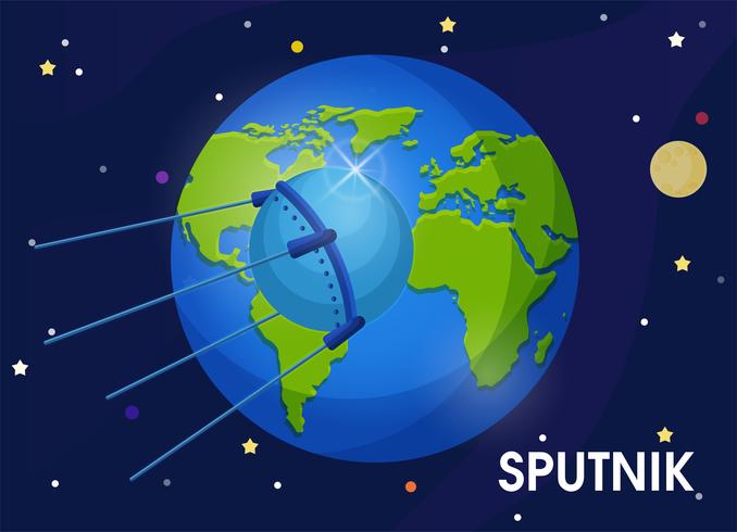 Spoutnik C&#39;est le premier satellite en orbite autour de la Terre. Le premier satellite à emmener un chien dans l&#39;espace. vecteur