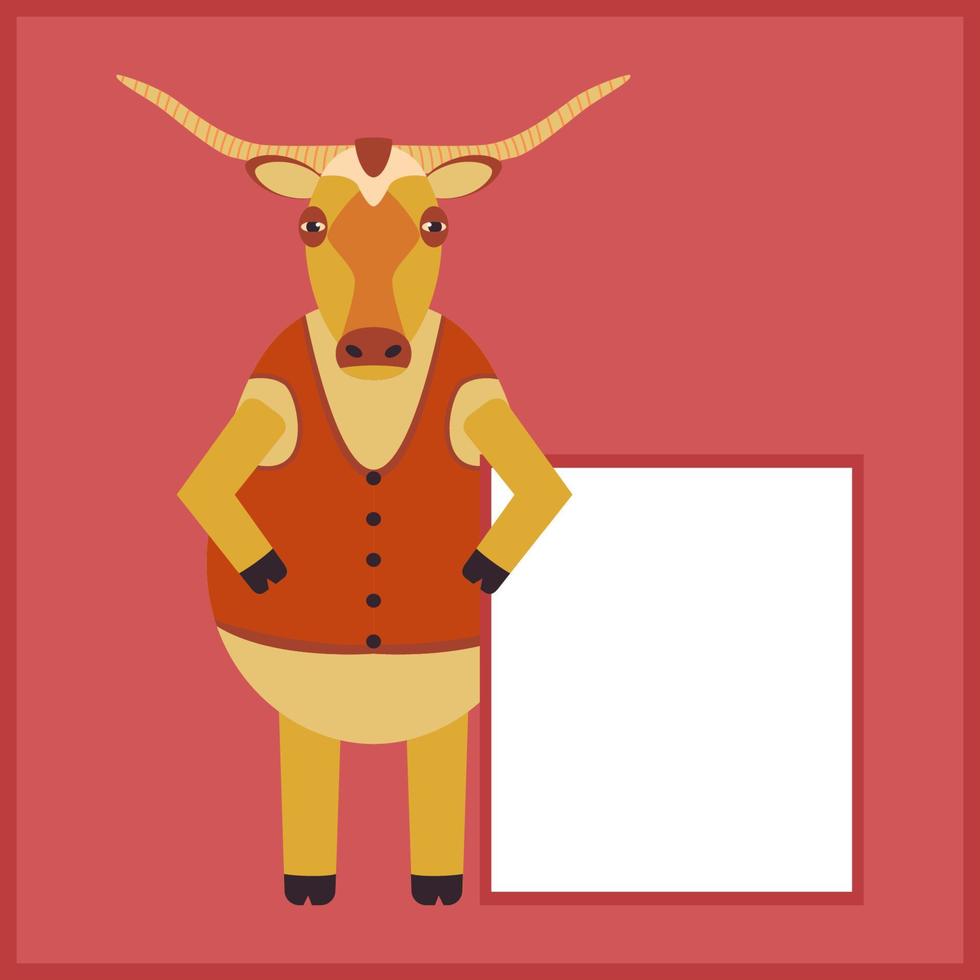 taureau drôle avec de longues cornes tient une affiche blanche pour la publicité. personnage de vache de dessin animé plat rustique. longhorn dans un gilet. dessin isolé d'un animal mammifère sur fond rouge. vecteur