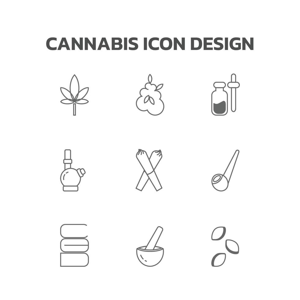 conception d'icônes de cannabis, icône plate de chanvre, feuille, fleur, huile, narguilé de marijuana, pipe, cbd, motar, graines. illustration vectorielle. vecteur