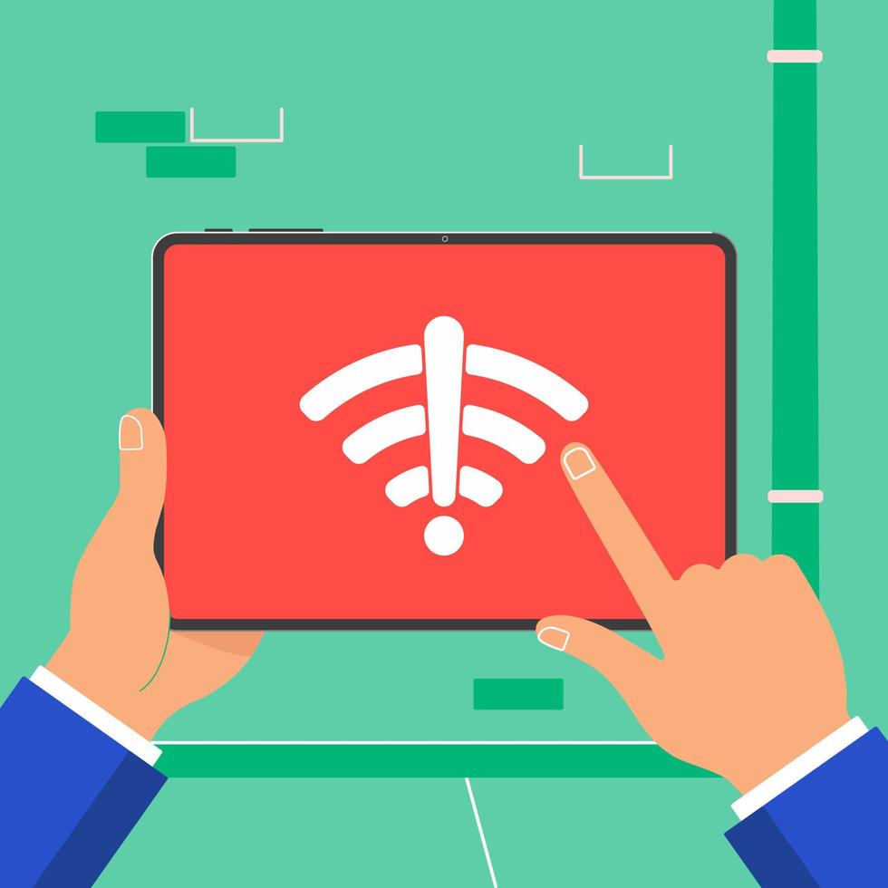 mains tenant une tablette noire devant un mur vert. pad tablette dans des mains humaines sans signal wifi icône signe symbole sur l'illustration vectorielle de conception plate d'écran. écran tactile de l'index. vecteur