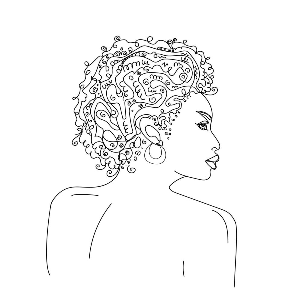 contour de portrait de femme afro-américaine dans un style doodle sur fond blanc. concept de beauté. graphiques vectoriels. visage féminin abstrait. belle fille. dessin vectoriel. vecteur