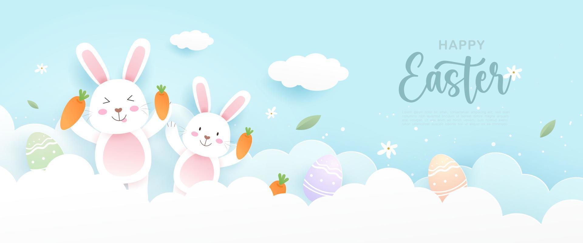 joyeuses pâques avec un lapin ou un lapin mignon, des oeufs de pâques, des carottes et des éléments festifs sur le ciel bleu dans un style papier découpé. illustration vectorielle vecteur