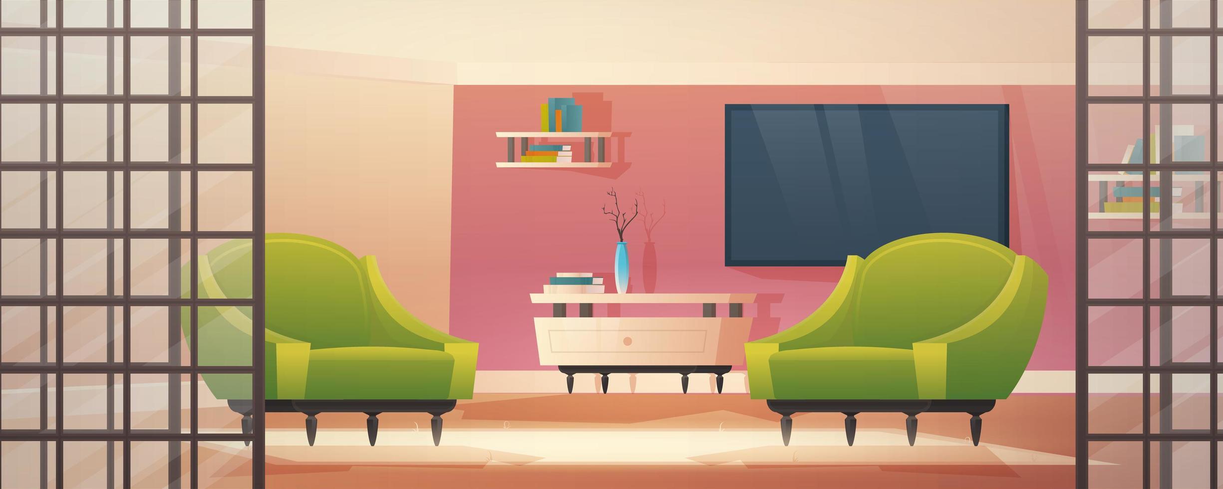 intérieur de la maison avec entrée de couloir et mobilier. hall lumineux, séjour avec fauteuils et moquette. illustration de vecteur de dessin animé.