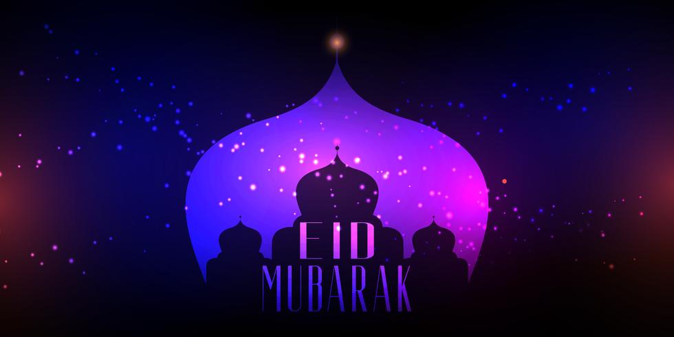 Fond Eid Mubarak avec la silhouette de la mosquée sur la conception des lumières bokeh vecteur