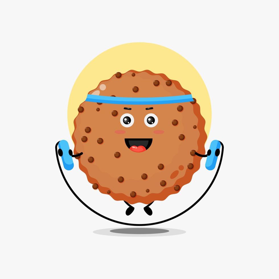 joli personnage de cookie au chocolat faisant de la corde à sauter vecteur