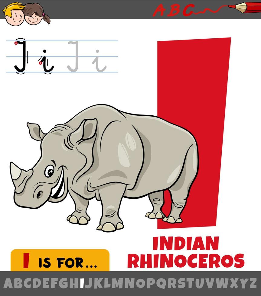 lettre i de l'alphabet avec personnage de dessin animé rhinocéros indien vecteur