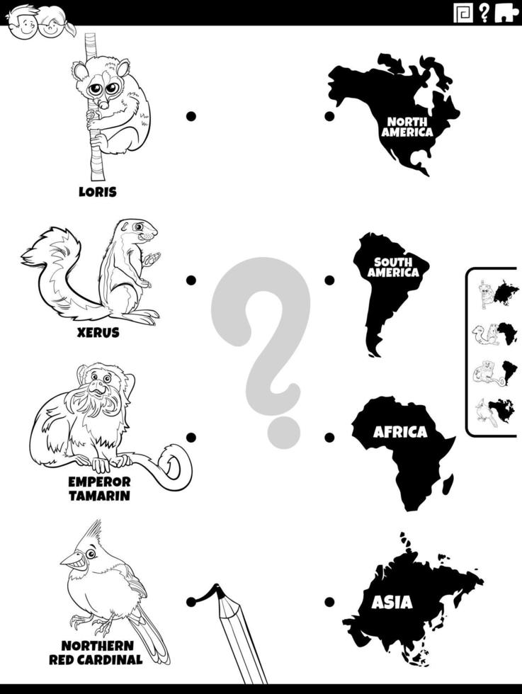 Associez les animaux et les continents à la page du livre de coloriage vecteur