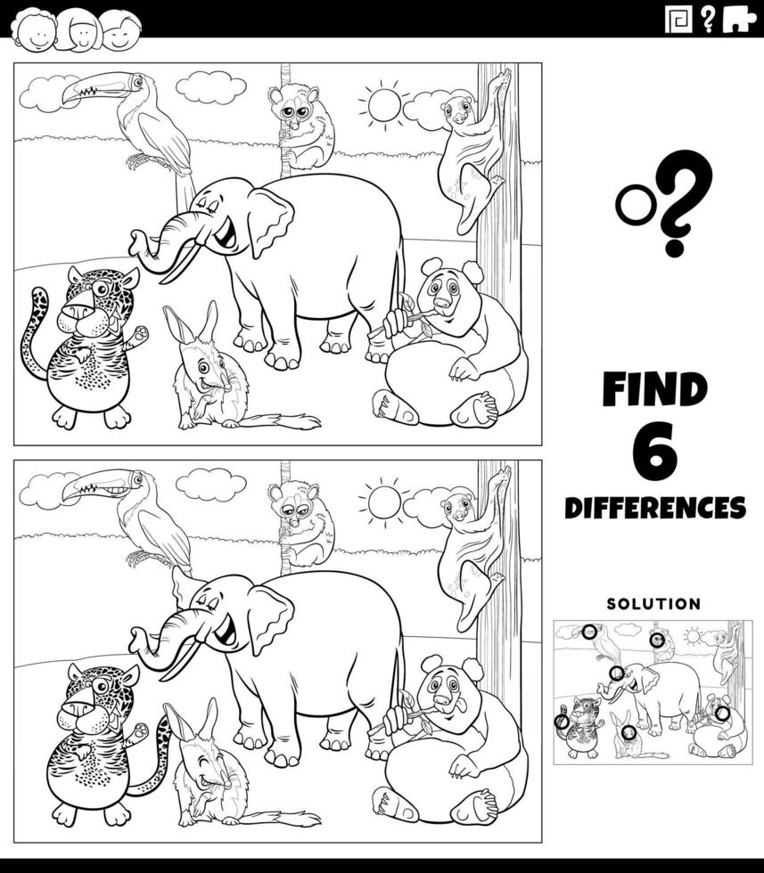 tâche de différences avec la page de livre de coloriage d'animaux sauvages de dessin animé vecteur